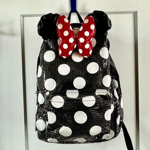 Disney Parks Minnie Mouse Back Pack W/ Sequence  Red Polka Dot Bow